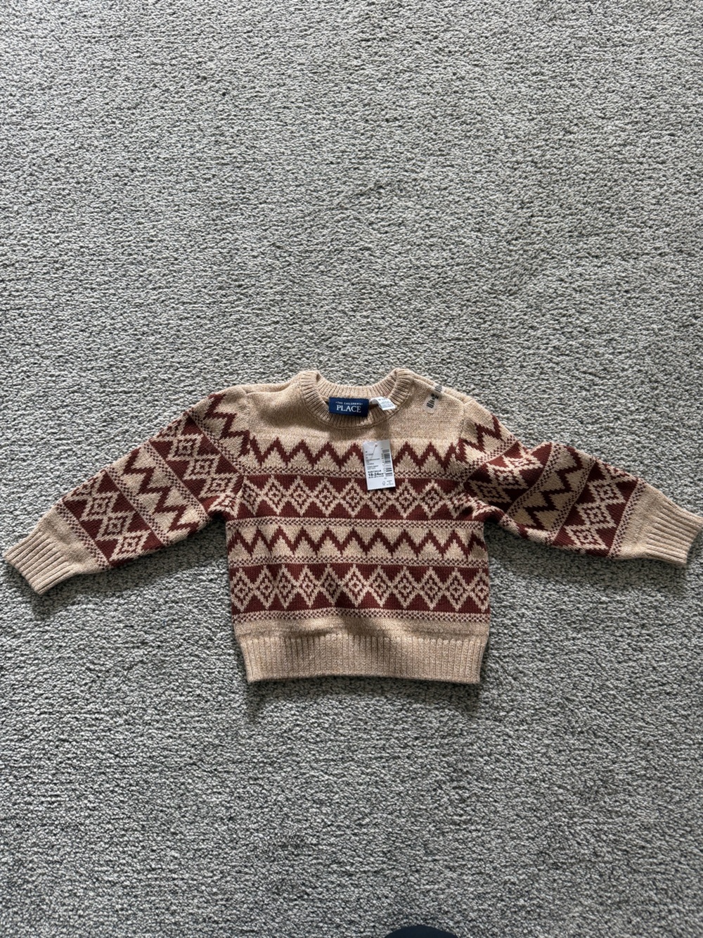 The Children's Place Beige & Maroon Fair Isle Crewneck Sweater